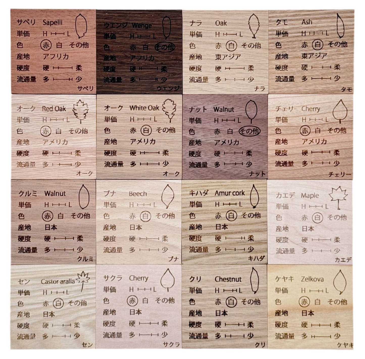 ものづくりブロック【世界の16種セット】(樹種説明入り)桐箱セット