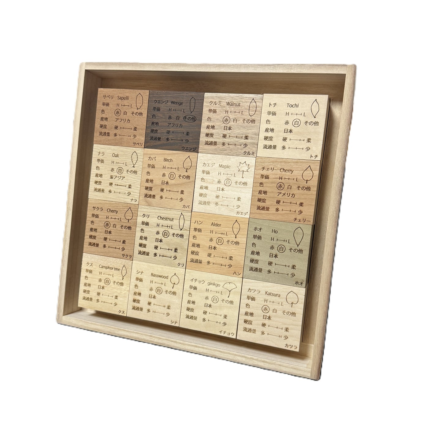 ものづくりブロック【おすすめ16種セット】（樹種説明入り）桐箱セット