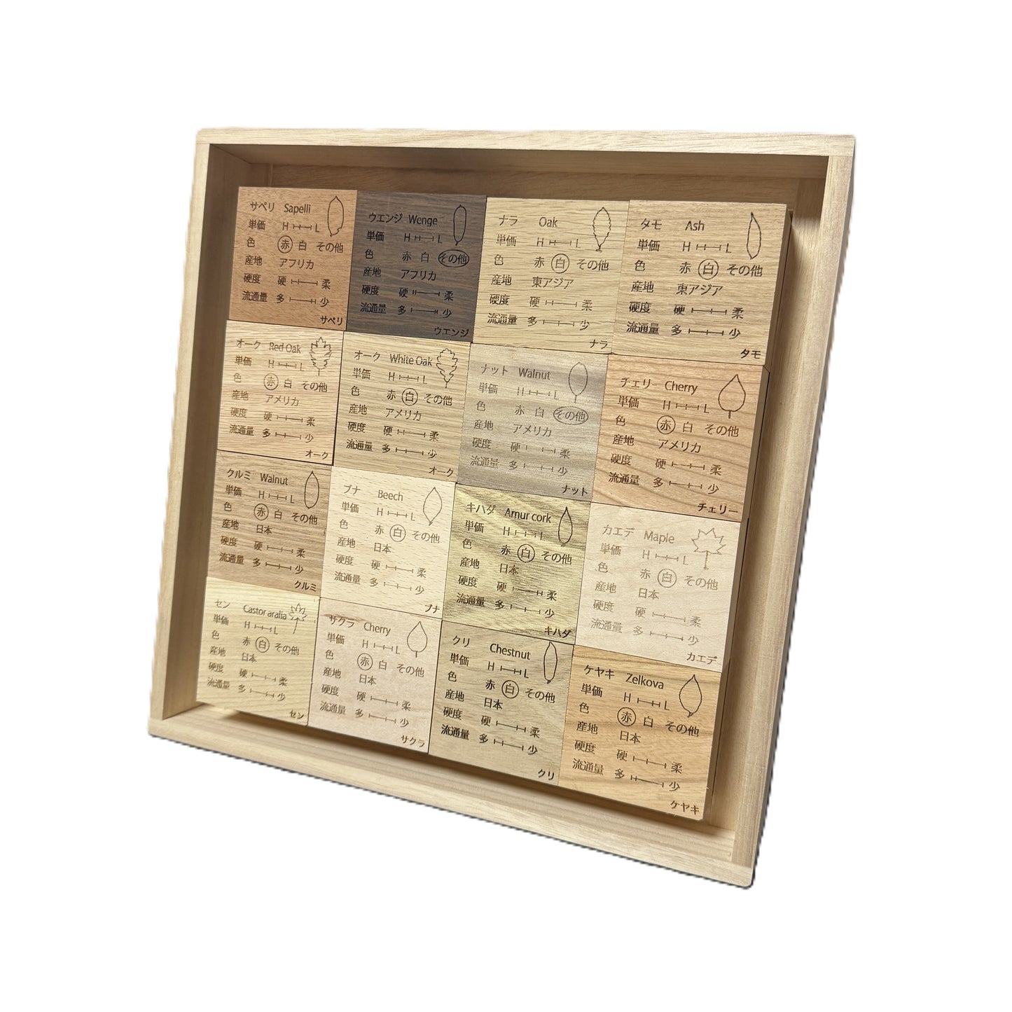 ものづくりブロック【世界の16種セット】（樹種説明入り）桐箱セット
