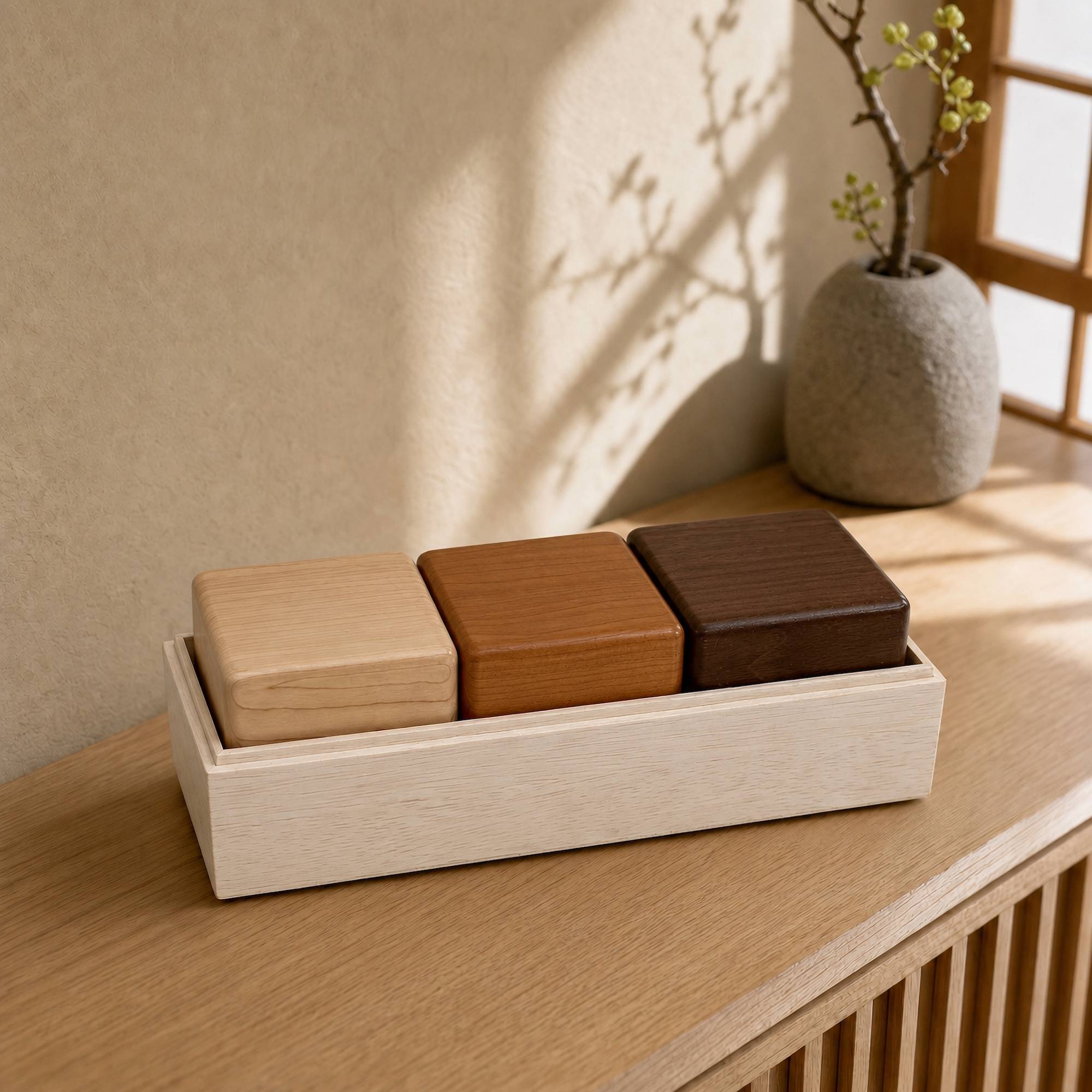 収納箱に並ぶ、色の異なる三つの木製キューブ